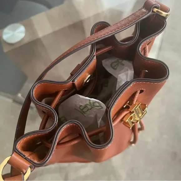 Lauren Ralph Lauren Tan Smooth Leather Medium Andie Drawstring Bag, New w/Tag - Picture 7 of 16